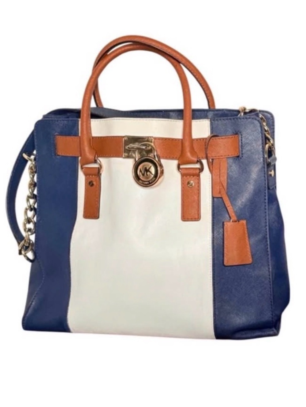 Michael Kors Navy, White & Brown Leather Tote with Gold Hardware